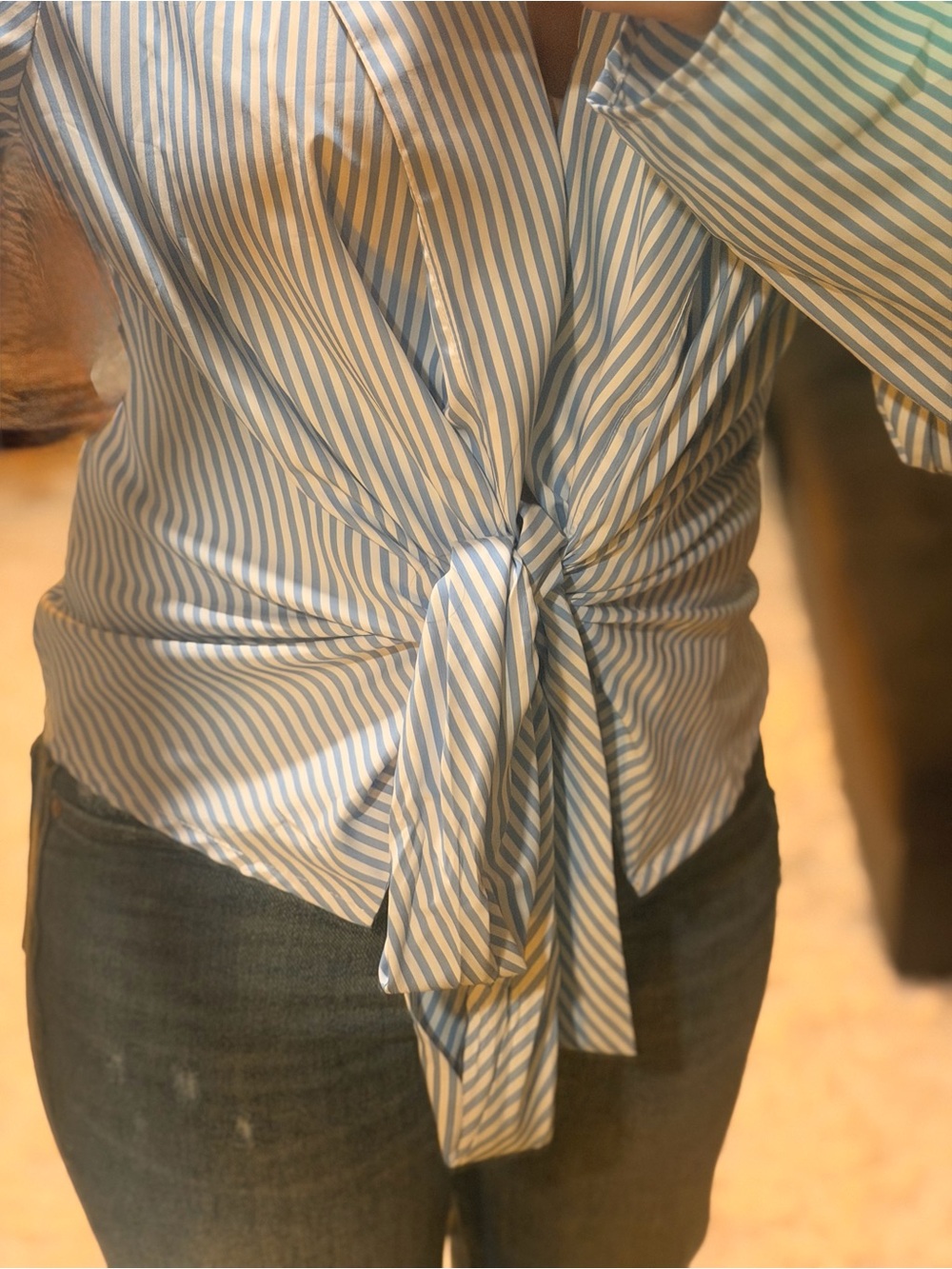 Striped Blue & White Front-Tie Women's Blouse